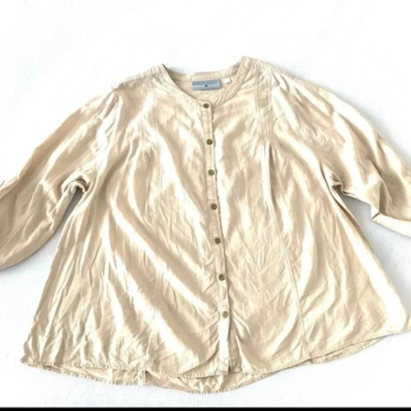 Beige Button Up Blouse Womens Linen Roll Tab Sleeve Minimalist Office 2X-3X - Picture 2 of 6